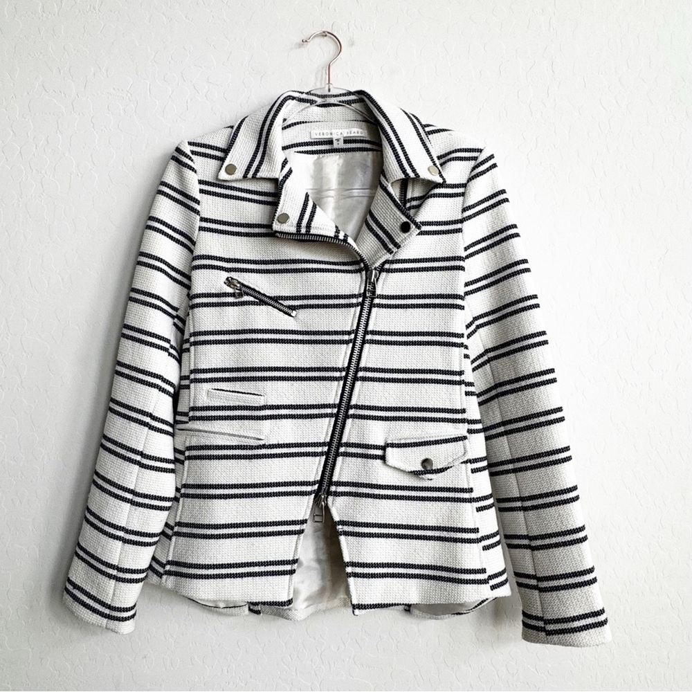 Veronica Beard Women’s Hadley Moto Jacket White Navy Striped 6